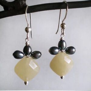 Faceted Yellow Jade Freshwater Gray Pearls Sterling Silver dangling Earrings